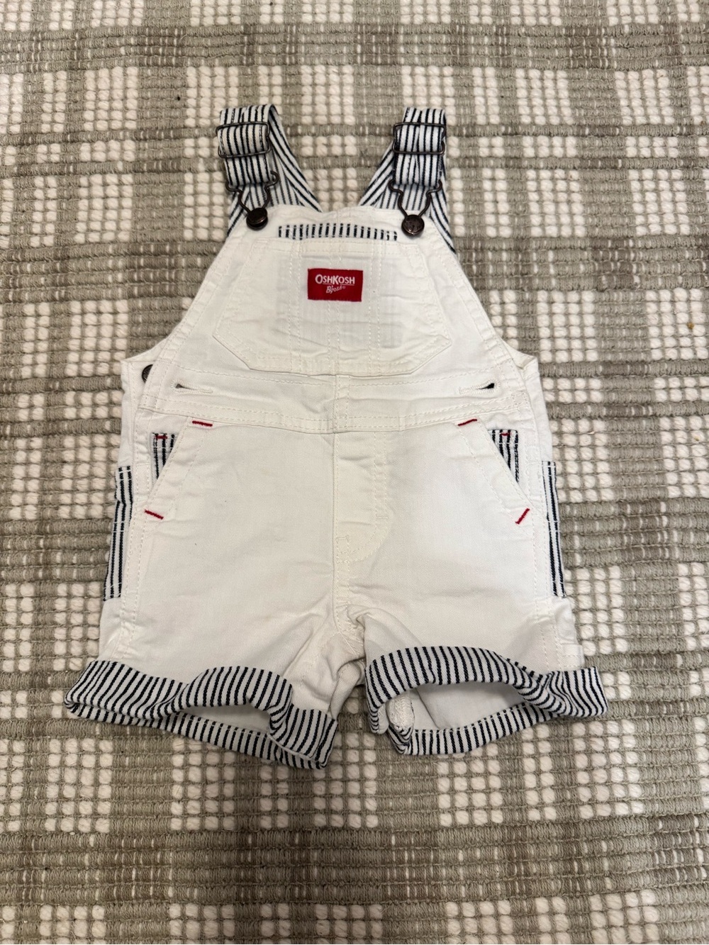 OshKosh B'gosh White Short Overalls with Navy Striped Trim